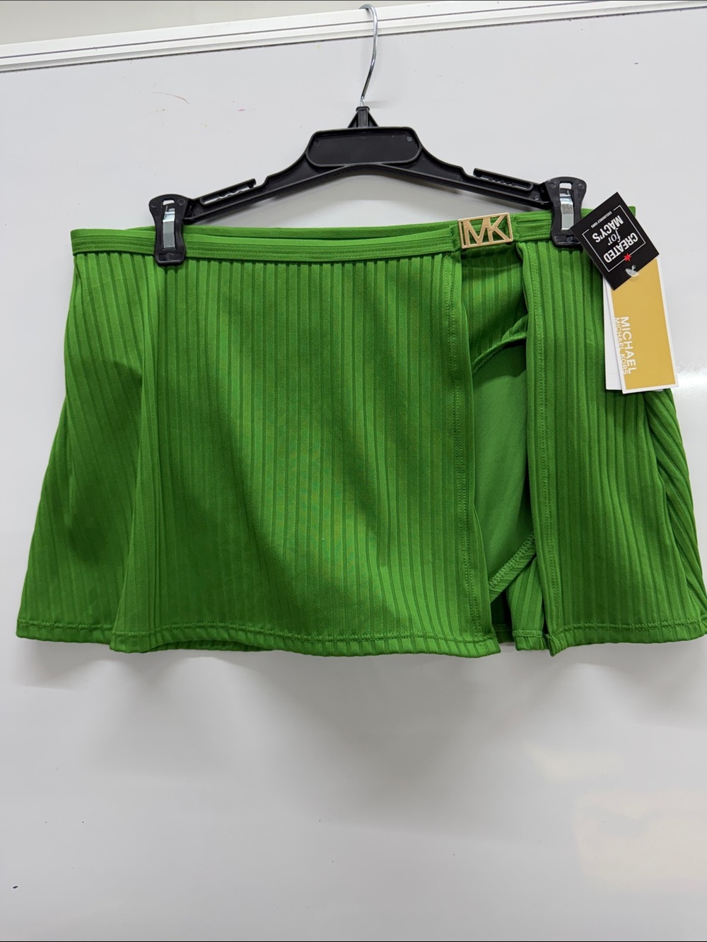 Michael Kors Bright Green Ribbed Wrap Mini Skort with Gold MK Swim Bottoms